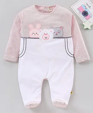 Brats And Dolls Full Sleeves Footed Sleepsuit Animal Embroidery - Pink White