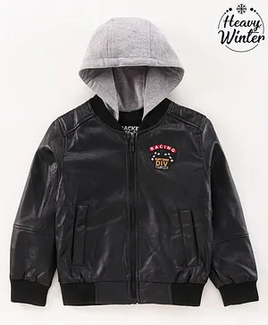 Ruff Full Sleeves Hooded Leather Jacket Go Faster Print - Black