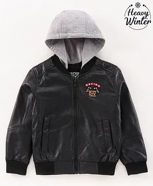 Ruff Full Sleeves Hooded Leather Slim Fit Jacket Go Faster Print - Black