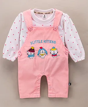 Little Folks Full Sleeves Dungaree Style Romper With Inner Tee Kitten Print - Pink