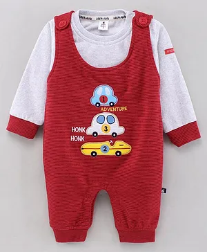Little Folks Dungaree Style Romper with Full Sleeves Inner Tee Car Design - Red Light Grey