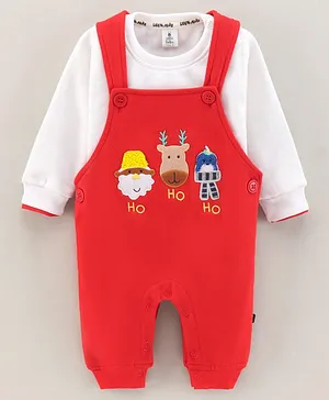 Little Folks Full Sleeves Dungaree Style Romper With Inner Tee Animal Print - Red