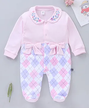 Little Folks Full Sleeves Embroidered Romper with Bow - Baby Pink