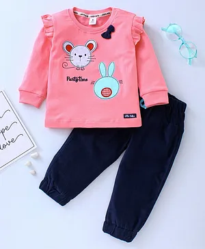 Little Folks Full Sleeves Tee and Lounge Pant Set Cat Embroidery - Pink
