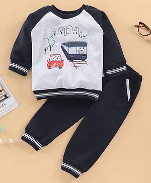 Little Folks Full Sleeves Night Suit Vehicle Embroidery - Grey