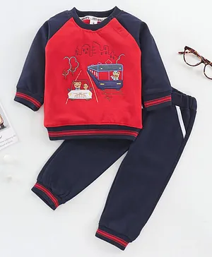 Little Folks Full Sleeves Tee and Lounge Pant Set Vehicle Embroidery - Red