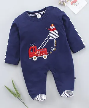 Little Folks Full Sleeves Footed Romper Fire Truck Patch - Blue
