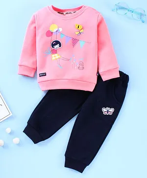 Little Folks Full Sleeves T-Shirt and Lounge Pants Girl with Butterfly Applique  - Pink
