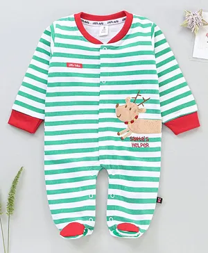 Little Folks Full Sleeves Footed Striped Romper - Green