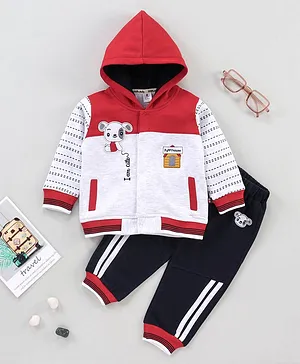 Little Folks Full Sleeves T-Shirt & Jogger Bear Embroidery - Red