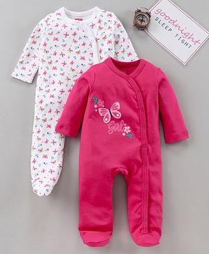 Babyhug Full Sleeves Footed Sleep Suit Pack of 2 - White Pink