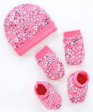 Babyhug 100% Cotton Cap, Mittens & Booties Floral Print - Pink