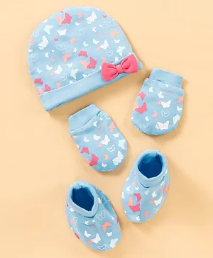 Babyhug 100% Cotton Cap, Mittens & Booties Set Butterfly Print & Bow Applique - Blue