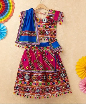 Banjara India Navratri Half Sleeves Kutchi Embroidered Choli With Lehenga & Dupatta - Pink