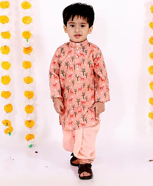 Little Bansi Full Sleeves Deer Print Kurta With Dhoti - Peach