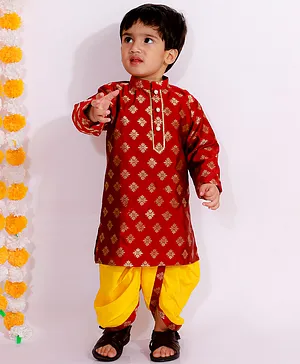 Little Bansi Full Sleeves Flower Design Lining Kurta With Dhoti  - Maroon Yellow
