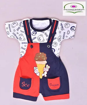 Kiwi Half Sleeves Tee With Ice Cream Patch Detailing Dungaree - Navy Blue