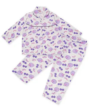 Fuzzy Bear Full Sleeves 100% Cotton All Over Strawberry Print Night Suit - Purple