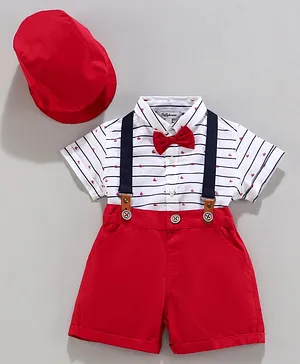 ToffyHouse Half Sleeves Shirt & Shorts Set With Suspenders Cap & Bow - Red Navy Blue