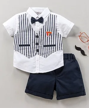 ToffyHouse Half Sleeves Shirt & Shorts Set With Striped Attached Waistcoat And Bow - Navy Blue