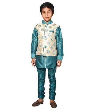 Pehanaava Full Sleeves Kurta With Designer Nehru Jacket & Pajama - Sea Green