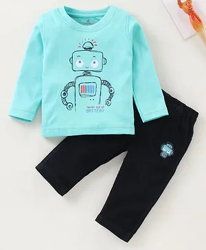 Child World Full Sleeves Tee and Lounge Pant Set Robot Print - Blue