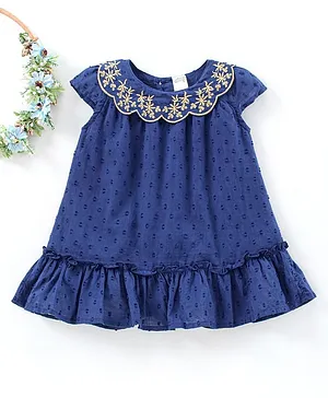 Spring Bunny Cap Sleeves Flower Embroidery Detailing Dress - Blue