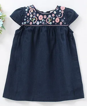 Spring Bunny Cap Sleeves Flower Embroidery Detailing Dress - Navy Blue