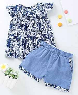 Spring Bunny Cap Sleeves Leaves Printed Top With Shorts - Blue