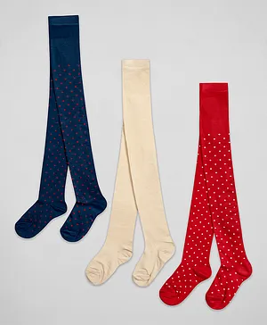 The Sandbox Clothing Co Pack Of 3 Pair Of Solid & Polka Dot Printed Stockings - Blue Beige Red