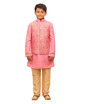 Manyavar Full Sleeves Kurta Floral Design Jacket & Churidar Set - Rani