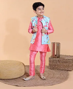 Ridokidz Full Sleeves Kurta With Flower Printed Jacket & Salwar - Pink Blue
