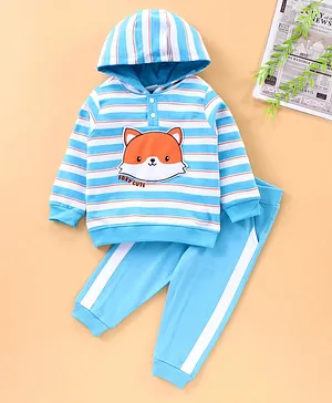 Babyhug Full Sleeves Hooded Tee & Lounge Pant Fox Print- Blue