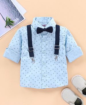 Babyhug Full Sleeves Party Shirt with Bow and Suspenders All Over Printed - Blue