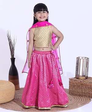 Babyhug Sleeveless Embroidered Choli and Lehenga with Lace Border Sequined Dupatta - Golden Fucshia