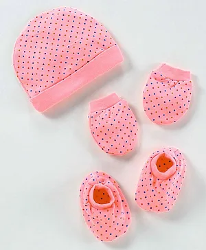 Simply Cap, Mitten & Booties Set Dot Print - Peach