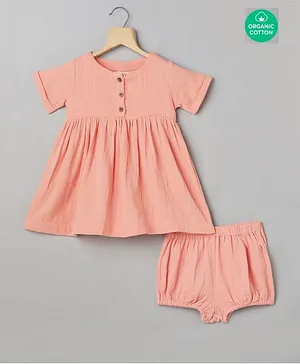 Sweetlime by A.S Half Sleeves Solid Double Cloth Organic Cotton Dress With Bloomer - Pink