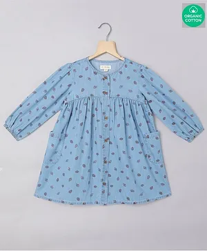Sweetlime by A.S Full Sleeves Strawberry Printed Denim Organic Cotton Dress -  Blue