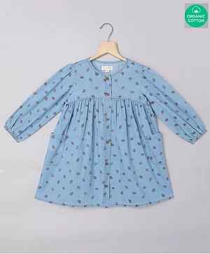 Sweetlime by A.S Full Sleeves Strawberry Printed Denim Organic Cotton Dress -  Blue