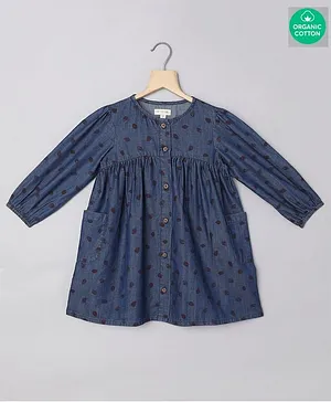 Sweetlime by A.S Full Sleeves Strawberry Printed Denim Organic Cotton Dress - Navy