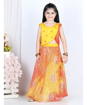 Kinder Kids Sleeveless Embroidered Choli With Kota Lehariya Lehenga - Yellow