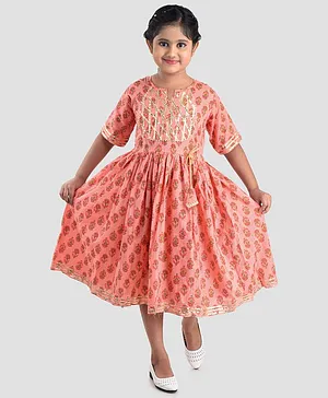 Kinder Kids Half Sleeves Floral Print Dress - Peach