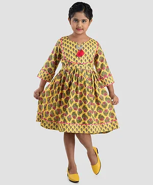 Kinder Kids Three Fourth Sleeves Floral Print Dress - Yellow