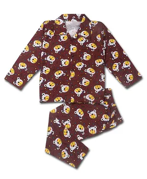 AAAKAR Full Sleeves Teddy Bear Print Night Suit - Brown