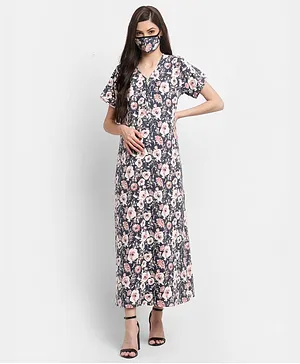 FASHIONABLY PREGNANT Half Sleeves Floral Printed Feeding Nighty With Face Mask - Navy Blue
