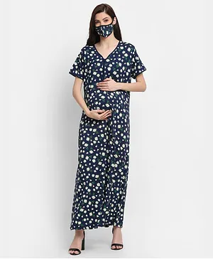 FASHIONABLY PREGNANT Half Sleeves Floral Print Feeding Nighty With Face Mask - Navy Blue