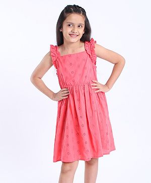 Pine Kids Sleeveless Above Knee Length Schiffli Frock with Softner Wash - Coral