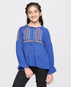 Pine Kids Full Sleeves Biowash Embroidered Top - Royal Blue