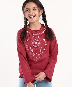 Pine Kids Full Sleeves Embroidery Top - Maroon