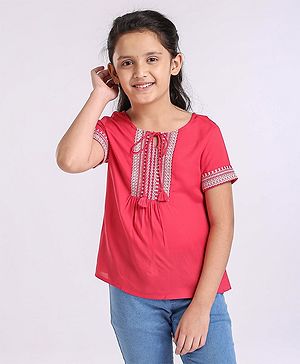 Pine Kids Half Sleeves Premium Embroidery Top - PInk